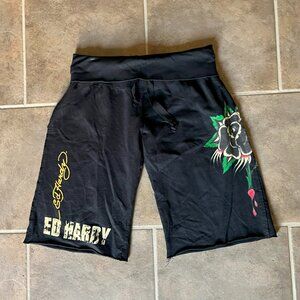 Ed Hardy Women's Black Knit Drawstring Rose Dripping Shorts Medium